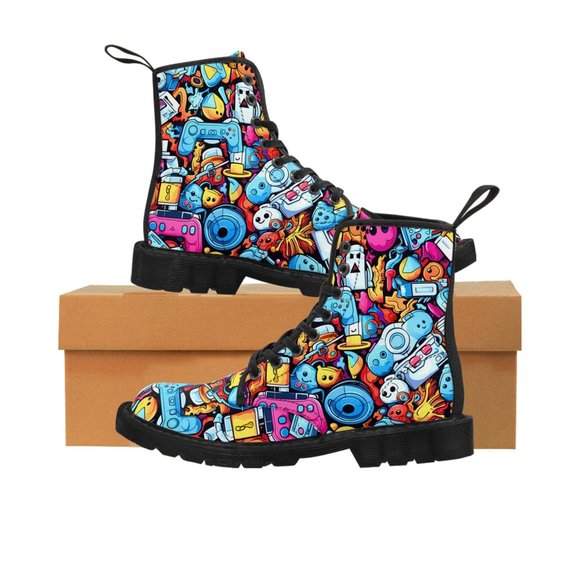 Video Game Graffiti Man Shoes, Luxury Stylish,  Men's Canvas Boots, Classy Mod - Picture 2 of 9